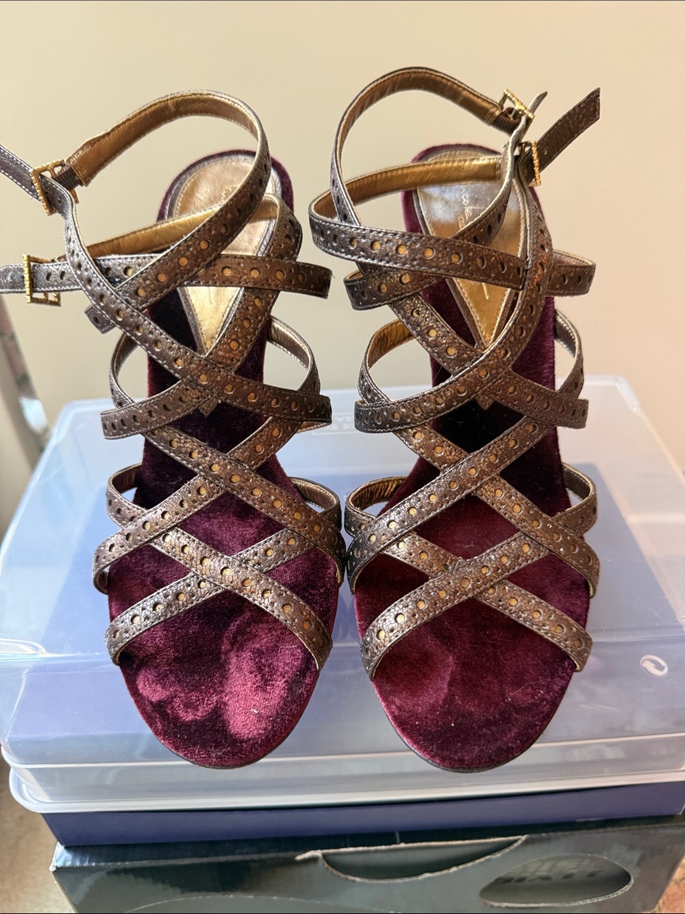 Nicole Miller Metallic Bronze Studded Strappy Heels with Burgundy Velvet Insole